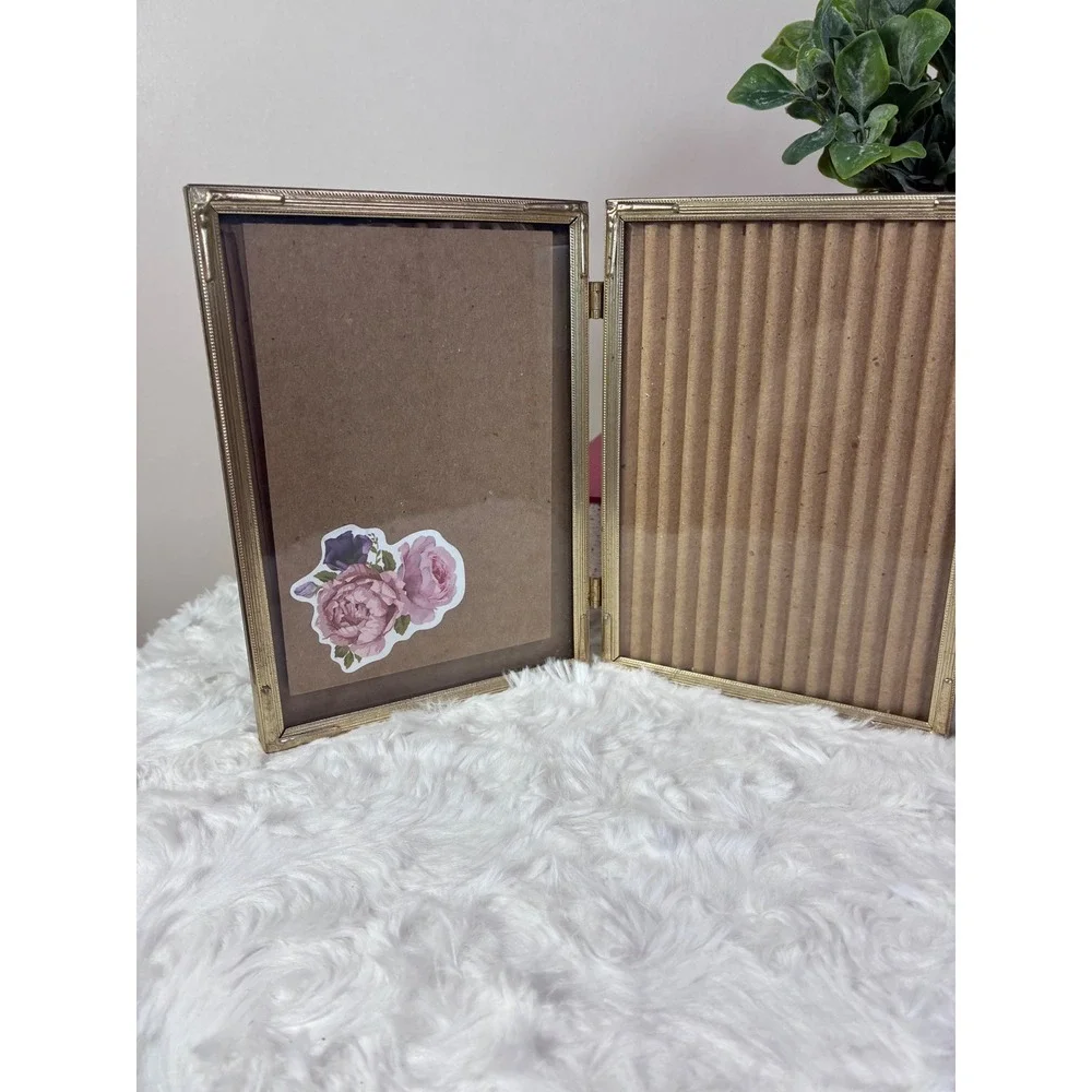 Vintage Gold Metal Triple Folding Picture Frame Triptych Beaded 5x7 Tabletop